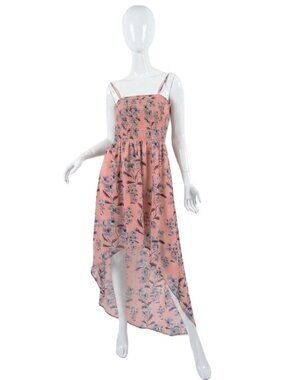 NWT MISS INNOCENT Peach Floral High-Low Smocked Bodice Dress Size Large